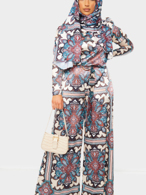 Blue Paisley Print Wide Leg Pants