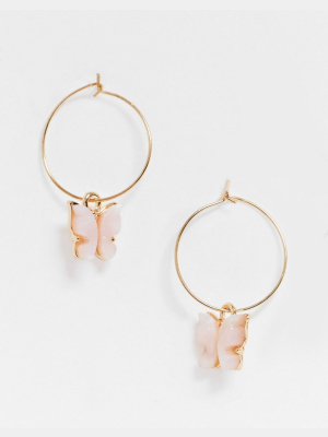 Asos Design Hoop Earrings With Pink Butterfly Charm In Gold Tone