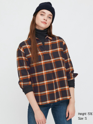 Women Flannel Checked Skipper Collar Long-sleeve Shirt