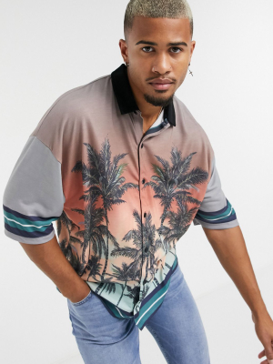 Asos Design Oversized Jersey Shirt With Sunset Scenic Print