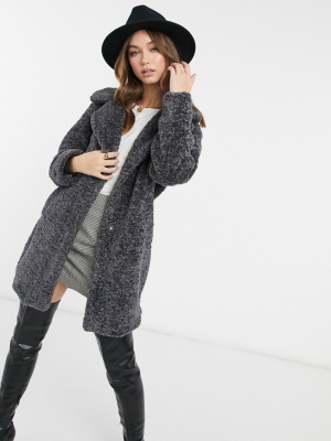 New Look Longline Faux Fur Teddy Coat In Dark Gray