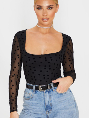 Black Polka Dot Mesh Square Neck Bodysuit