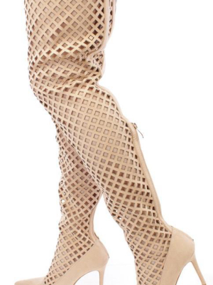 Mini2 Nude Pointed Toe Multi Cut Out Thigh High Boot