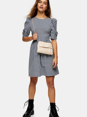 Petite Navy Gingham Smock Mini Dress