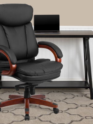 Flash Furniture High Back Black Leathersoft Executive Ergonomic Office Chair With Synchro-tilt Mechanism, Mahogany Wood Base And Arms