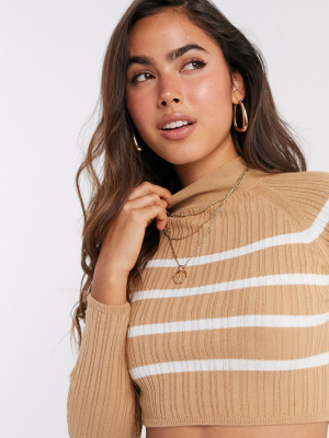 Asos Design Two-piece Crop Sweater With High Neck In Camel Stripe