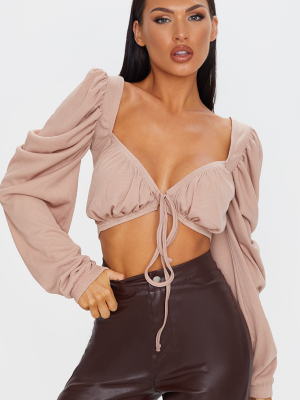 Nude Rib Puff Long Sleeve Tie Front Crop Top