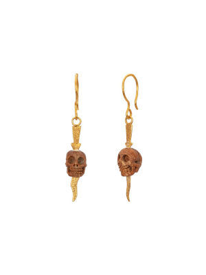 Single Drop Mango Wood Skull Earrings