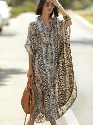 Snake Pocketed Button Front Side Slit Sleeved Maxi Cover Up