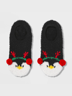 Women's Penguin Holiday Cozy Pull-on Socks With Grippers - Wondershop™ Black 4-10