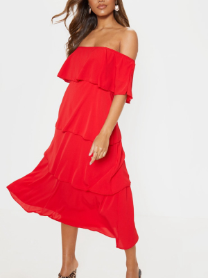 Red Tiered Frill Detail Midi Dress