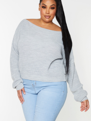 Plus Grey Knitted Slash Neck Crop Sweater