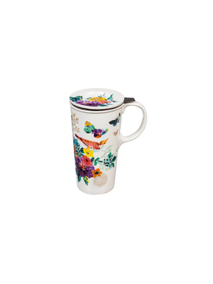 Evergreen Flag Double Wall Ceramic Cup W/ Infuser & Lid, 12 Oz., Brilliant Bouquet