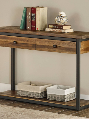 Claremont Rustic Wood Console Table With Two Drawers And Low Shelf Dark Brown - Alaterre Furniture