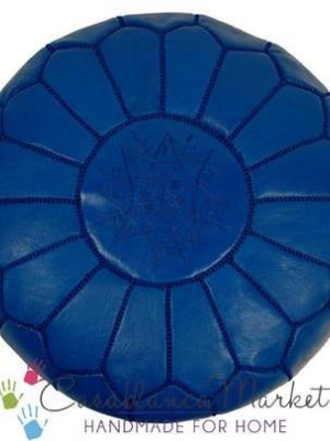 Embroidered Leather Pouf, Dark Blue