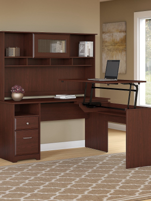 Bush Furniture Cabot 60w 3 Position L Shaped Sit To Stand Desk W/hutch Cherry Cab045hvc