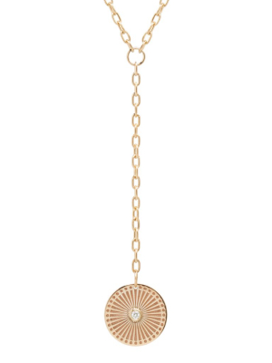 14k Small Oval Link Sunbeam Medallion With Bezel Diamond Lariat