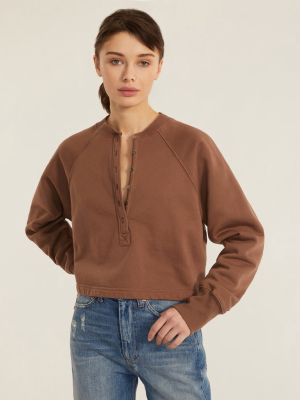 So Uptight Plush Plunge Henley Sweatshirt In Cognac