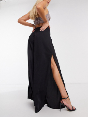 Ax Paris Side Split Wide Leg Pants In Black