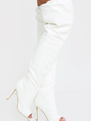 White Square Peeptoe Elastic Knee High Slouch...