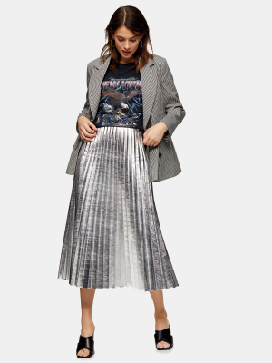 Silver Metallic Pu Pleated Midi Skirt
