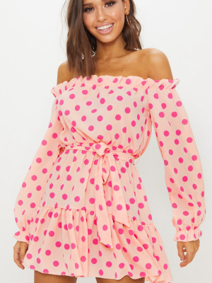 Dusty Pink Polka Dot Bardot Tie Waist Shift Dress