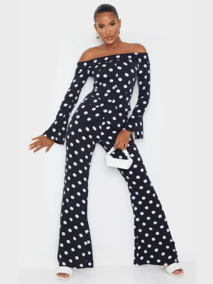 Black Polka Dot Bardot Long Sleeve Jumpsuit