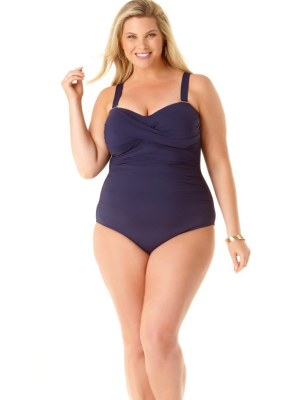 Anne Cole Plus Size Twist Front Shirred Bandeau One Piece Swimsuit