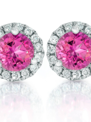 Pompeii3 1ct Pink Topaz & Diamond Halo Studs 10k White Gold