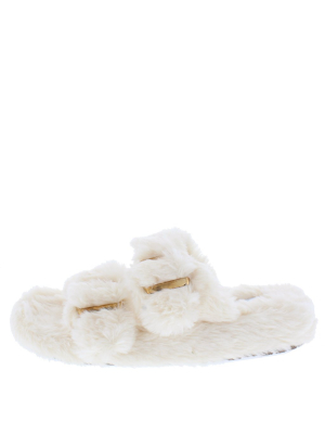 Marie Nude Faux Fur Open Toe Dual Strap Flat Slide Sandal