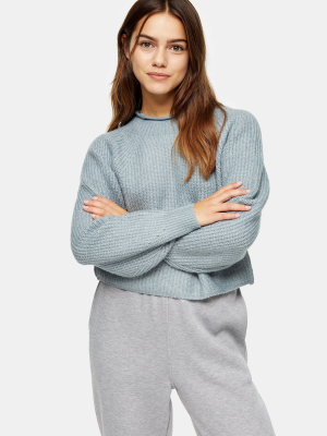 Petite Blue Roll Neck Cropped Knitted Sweater