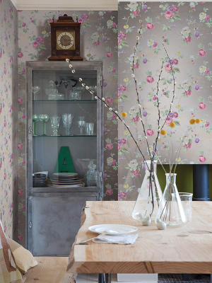 Watercolor Trail Wallpaper In Silver And Pink From The Watercolor Florals Collection By Mayflower Wallpaper