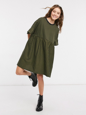 Asos Design Super Oversized Frill Sleeve Smock In Dark Khaki And Black Stripe