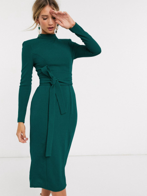 Asos Design Long Sleeve Midi Dress With Obi Belt In Green