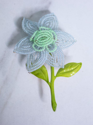 Vintage French Wire Blue And Green Seed Bead Flower Brooch