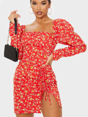 Red Ditsy Floral Bow Detail Side Split Bodycon...