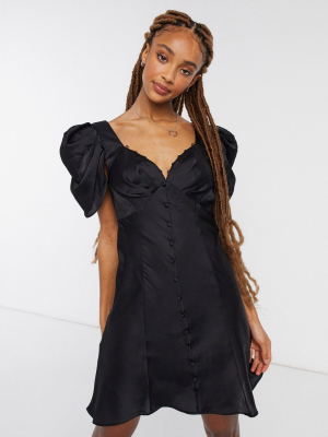 Asos Design Button Through Mini Dress With Drape Shoulder Detail