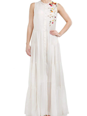 Button-down Tiered Embroidered Dress