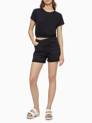 High Rise Black Denim Raw Cuff Shorts