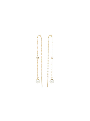 14k Cable Chain Threader Earrings With Floating Diamonds And Pearls