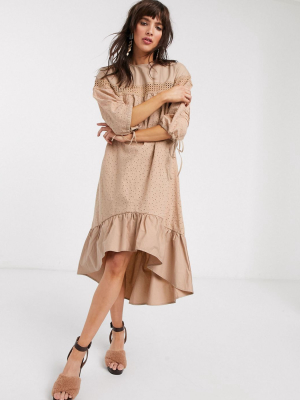 Lost Ink Midi Smock Dress With Ladder Trim In Broderie