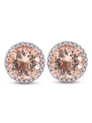 Pompeii3 1 1/2 Ct Diamond & Morganite Rose Gold Halo Studs Screw Back Earrings Rose Gold