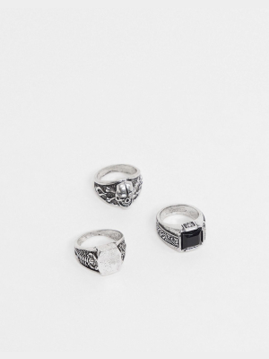 Asos Design Ring Pack With Skull And Stone Detail In Burnished Silver Tone