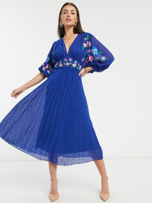 Asos Design Embroidered Pleated Batwing Midi Dress In Chevron Texture In Navy