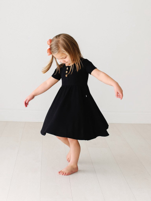 Black Ribbed Short Sleeve Henley Twirl Dress