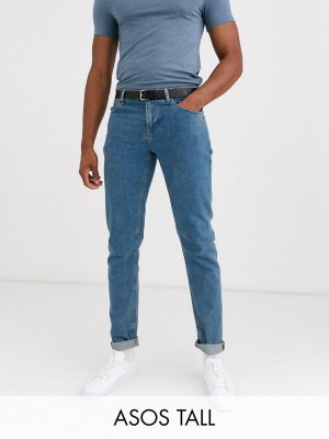 Asos Design Tall Slim Jeans In Flat Mid Wash Blue