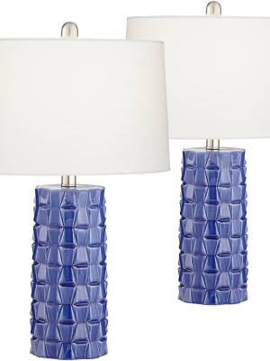 360 Lighting Modern Table Lamps Set Of 2 Textured Blue Ceramic Column White Drum Shade Living Room Bedroom Bedside Office Family