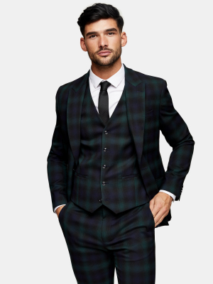 3 Piece Black Watch Check Skinny Suit With Peak Lapels