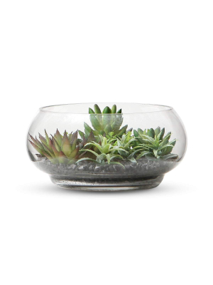 Garden Faux Succulents In Glass Bowl Terrarium