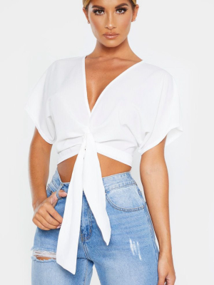 White Chiffon Knot Front Short Sleeve Crop Blouse